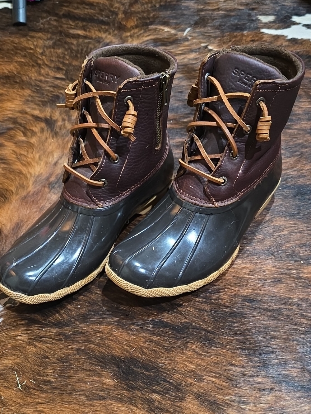 Sperry Black and Brown Duck Boots with Tan Accents